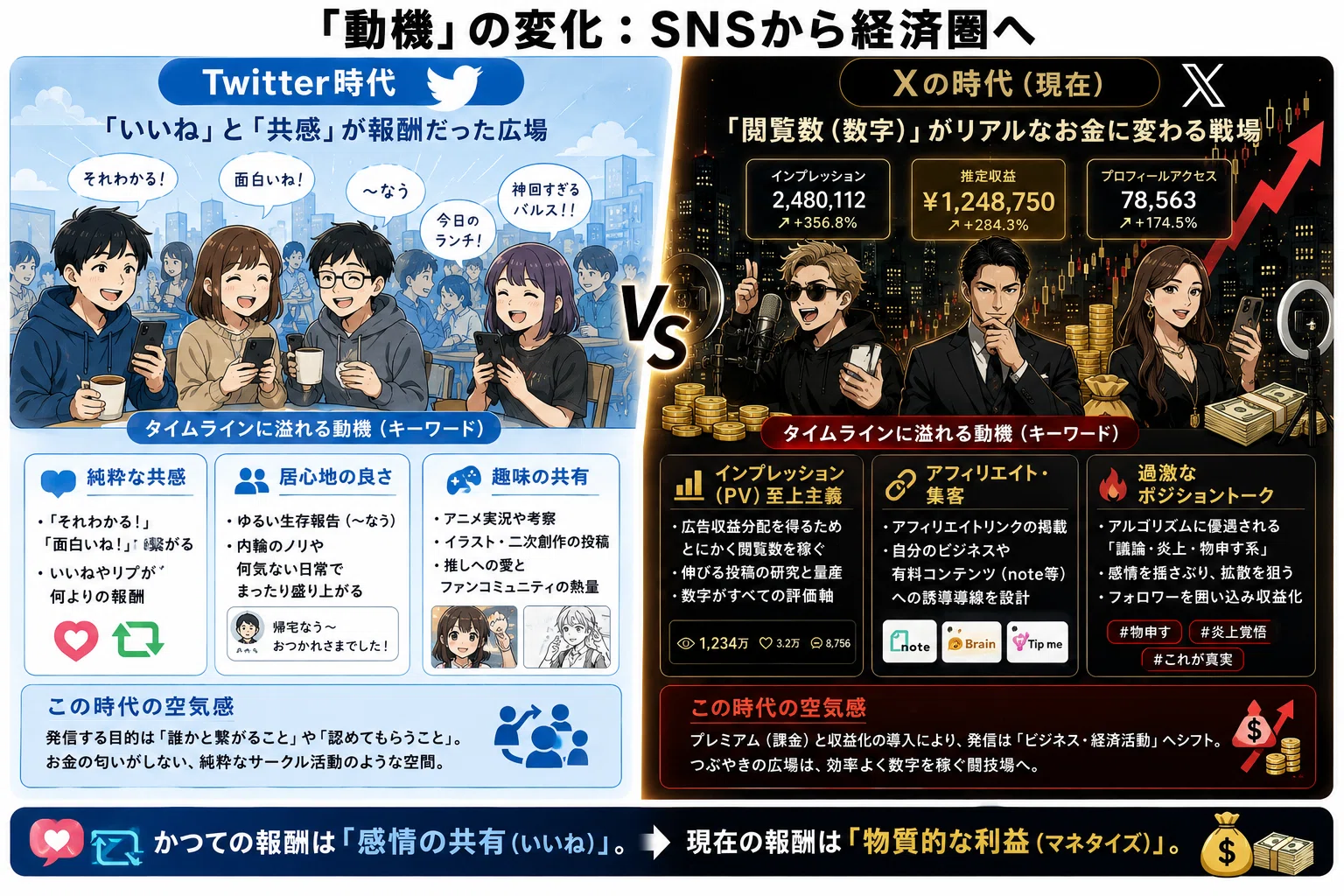 図解】TwitterからXへ：ユーザー属性の変化とシステム進化が起こした