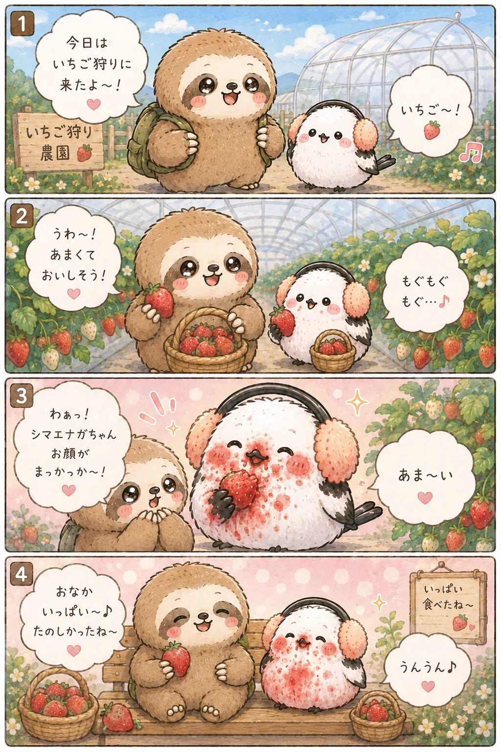 ちびナマケちゃんとシマエナガ、いちご狩りに行く✨️｜さくら咲くra