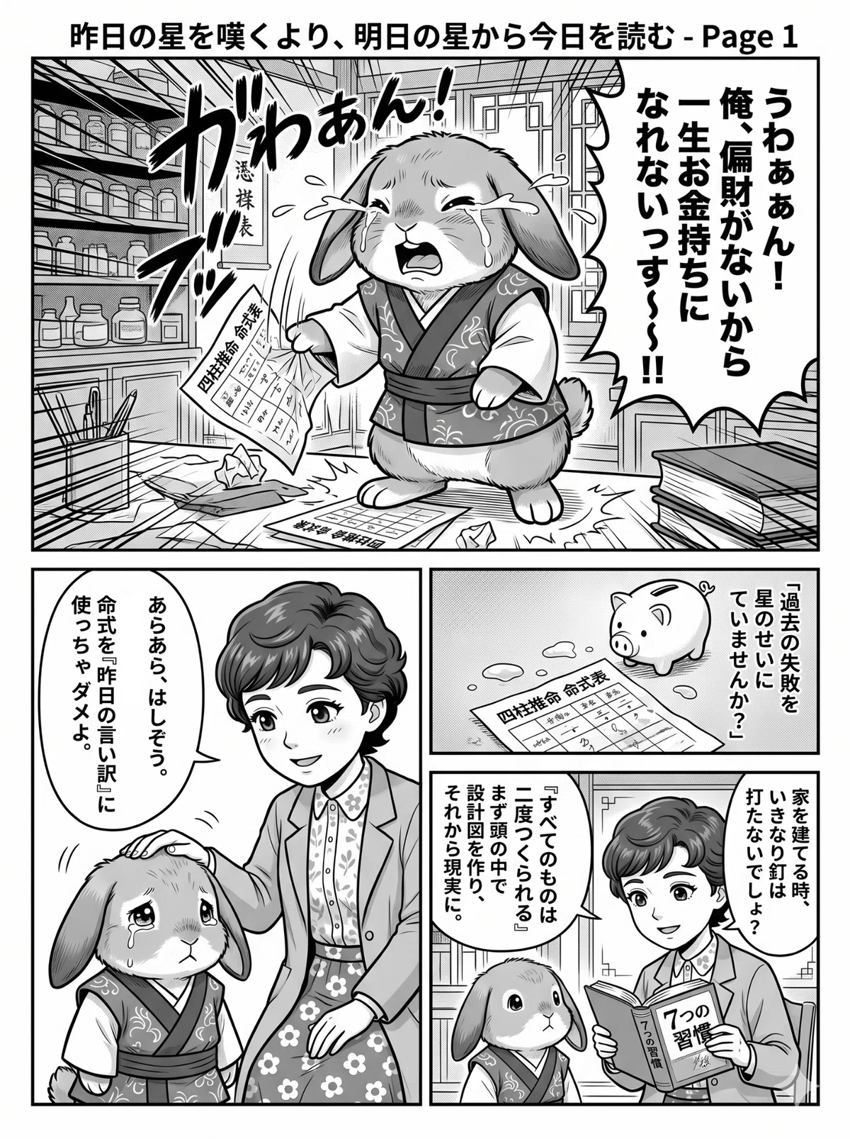 四柱推命の命式を見て「偏財がないからお金持ちになれない」と大泣きするウサギのキャラクター(はしぞう)を、女性キャラクター(さきこ)が「命式を昨日の言い訳にしちゃダメ」と優しく諭し、「すべてのものは二度つくられる」という本の言葉を使って説明し始める漫画の1ページ目。