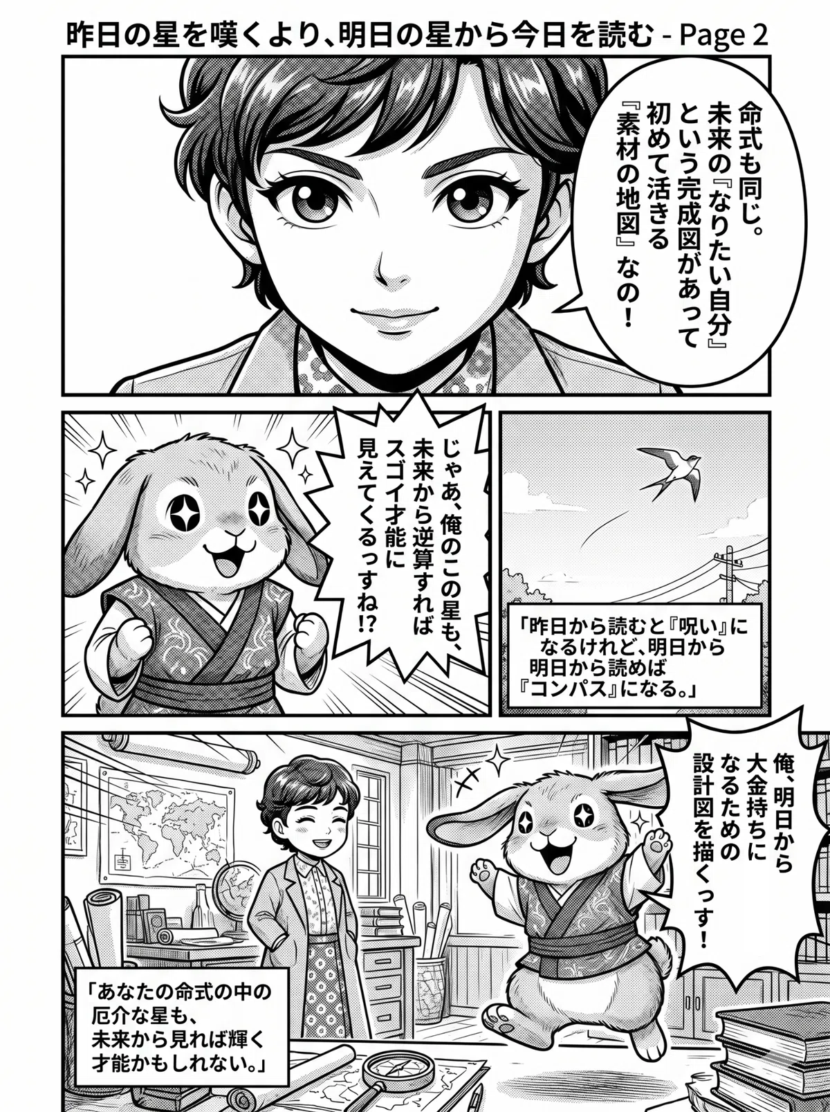 「命式は未来のなりたい自分という完成図があって初めて活きる素材の地図」と力説するさきこ。その言葉に目を輝かせ「未来から逆算すればすごい才能に見える」と気づき、明日から大金持ちになるための設計図を描くと元気いっぱいにジャンプするはしぞうの漫画の2ページ目。