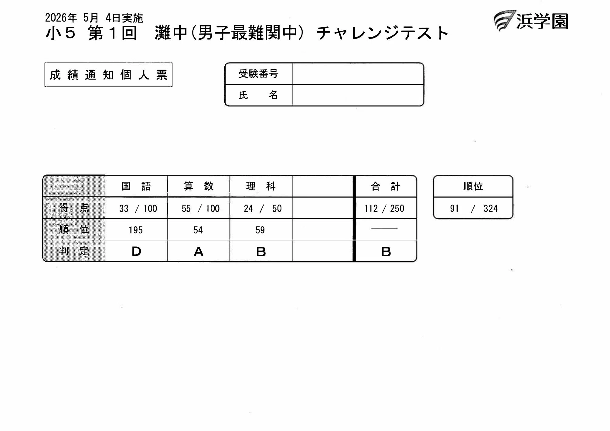 2026年5月 浜学園 灘中チャレンジテスト（小5）結果！！｜小学校2年生