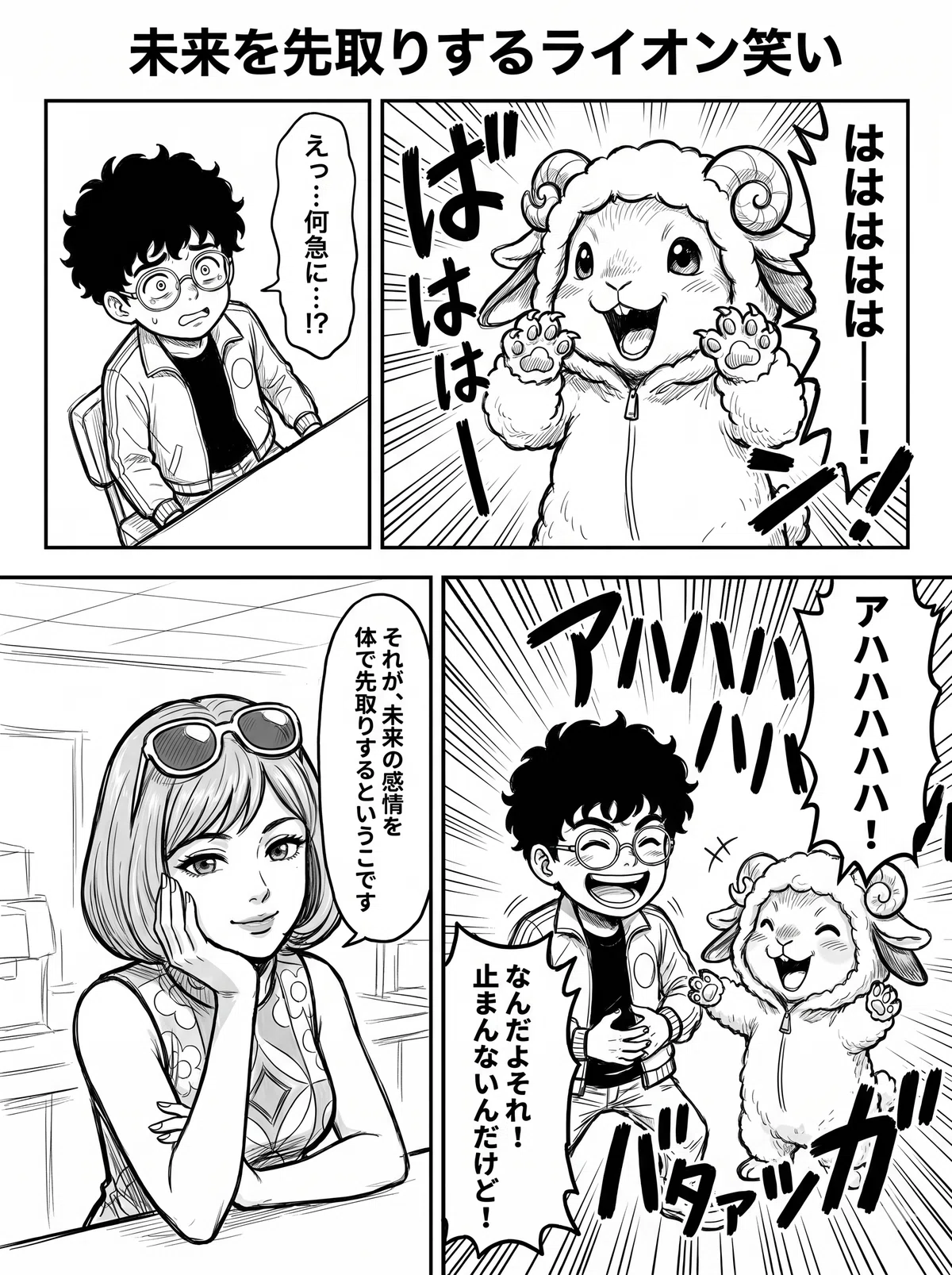 モノクロ4コマ漫画。タイトルは「未来を先取りするライオン笑い」。羊の着ぐるみが突然大笑いし、戸惑う男の子に女性がその意味を教え、最後はみんなで爆笑する。