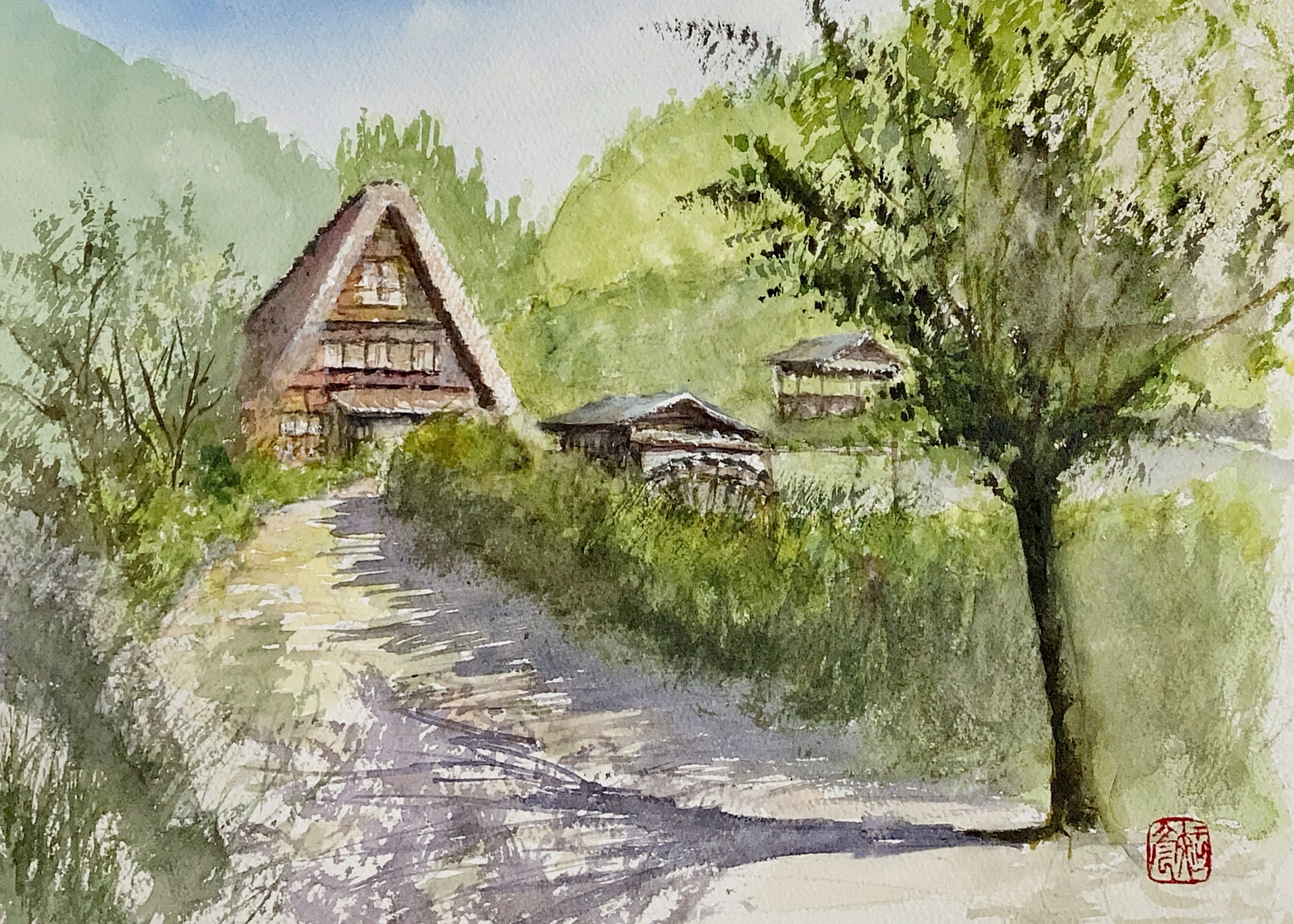 奥山籐一作 「白河村合掌造家」油彩画 真作 風景画 【公式通販】
