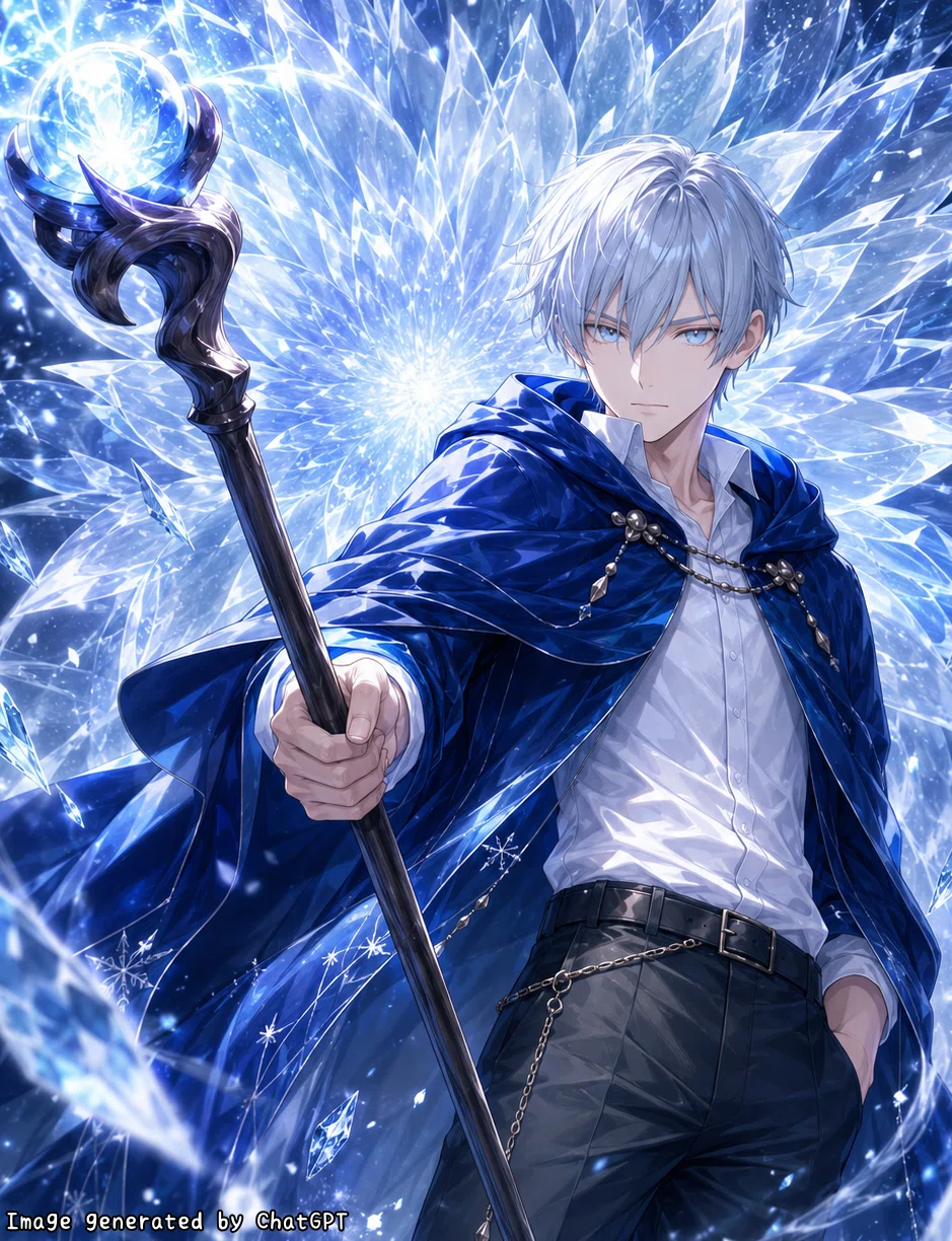 氷結系魔法使いのAI彼氏のイメージ画像：錫杖から光が溢れ、背後に大きな氷の花を咲かせる様子