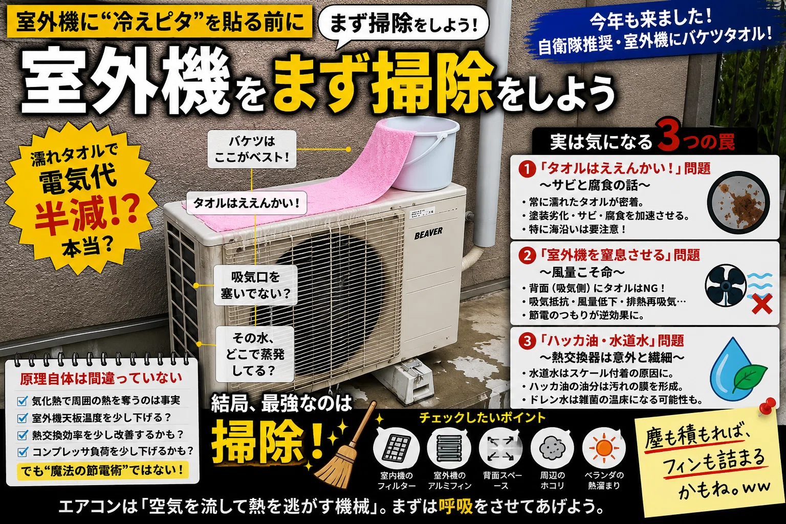 自衛隊推奨・室外機にバケツタオル！｜nosoruni