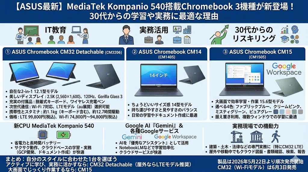 ASUS最新】MediaTek Kompanio 540搭載Chromebook 3機種が新登場！30代