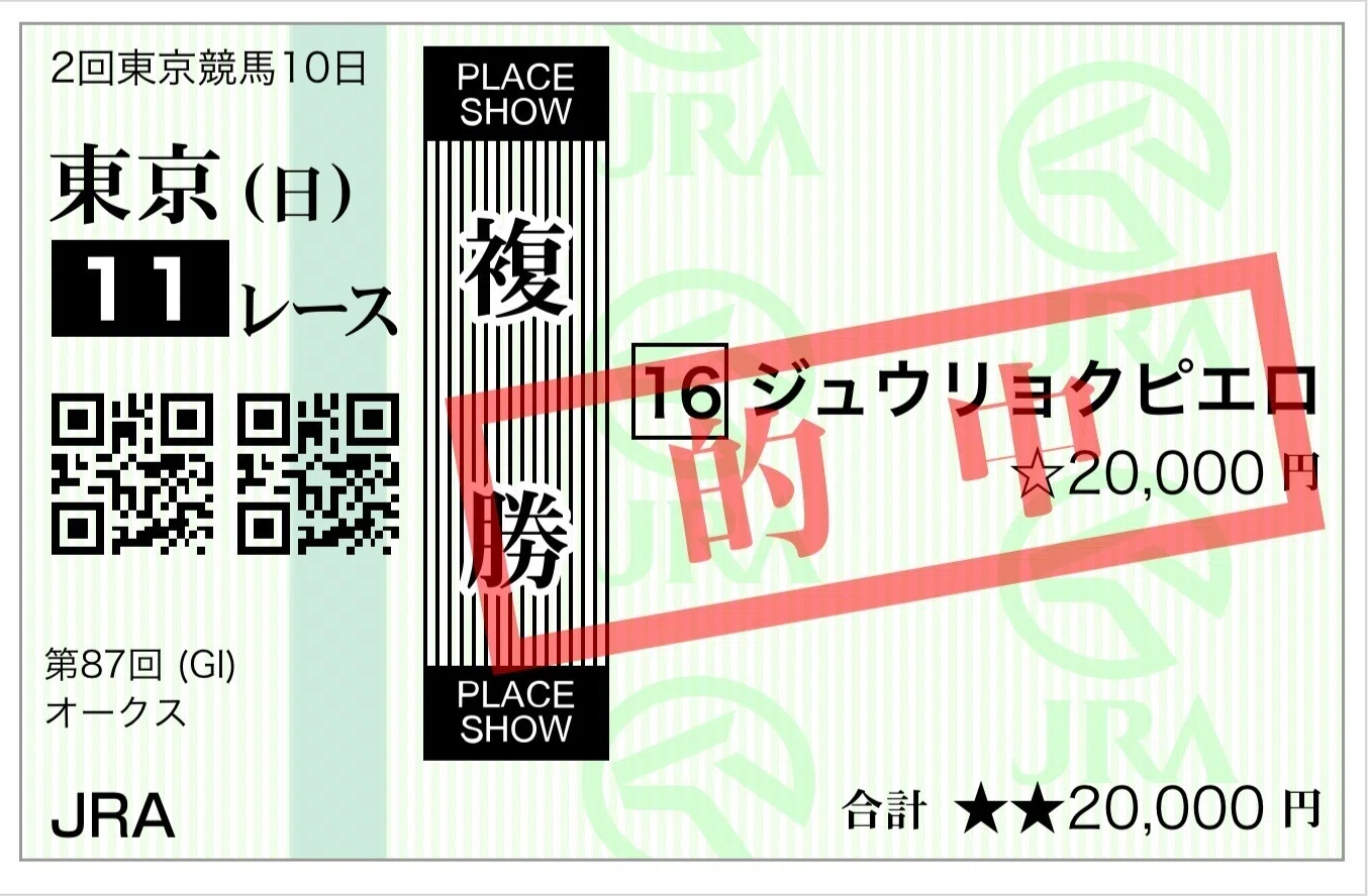 馬券　ジュウリョクピエロ オークス2026的中報告】ジュウリョクピエロ本命炸裂！今村聖奈騎手が