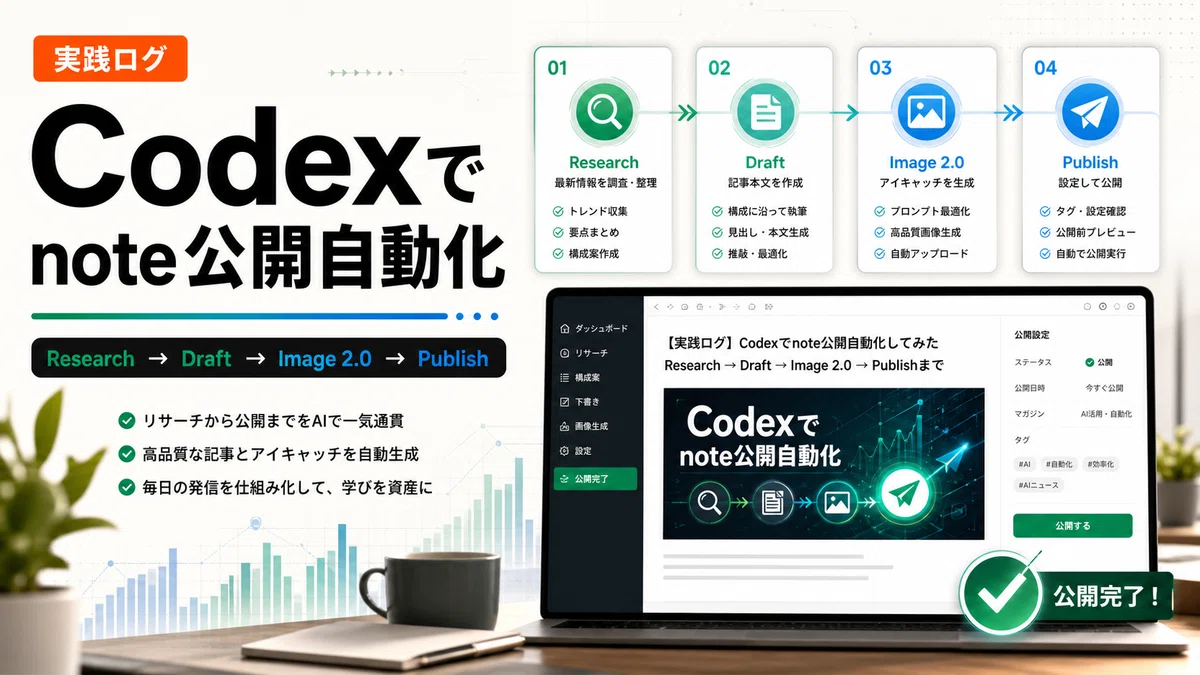 【実践ログ】Codexでnote記事制作を公開まで自動化してみた|Research→Draft→Image 2.0→Publishまで|塩谷 ...