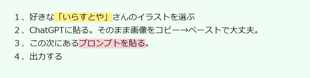 １、好きな「いらすとや」さんのイラストを選ぶ２、ChatGPTに貼る。そのまま画像をコピー→ペーストで大丈夫。３、この次にあるプロンプトを貼る。４、出力する
