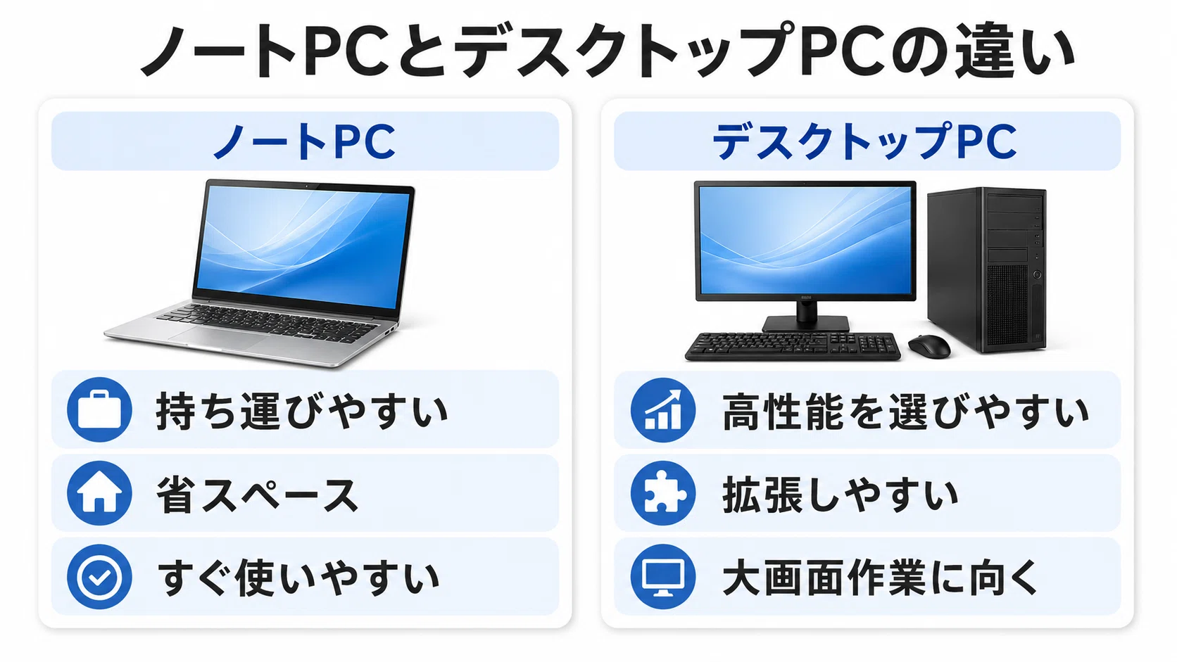パソコンの選び方を初心者向けに解説!ノートとデスクトップの違い パソコンの選び方を初心者向けに解説!ノートとデスクトップの違い