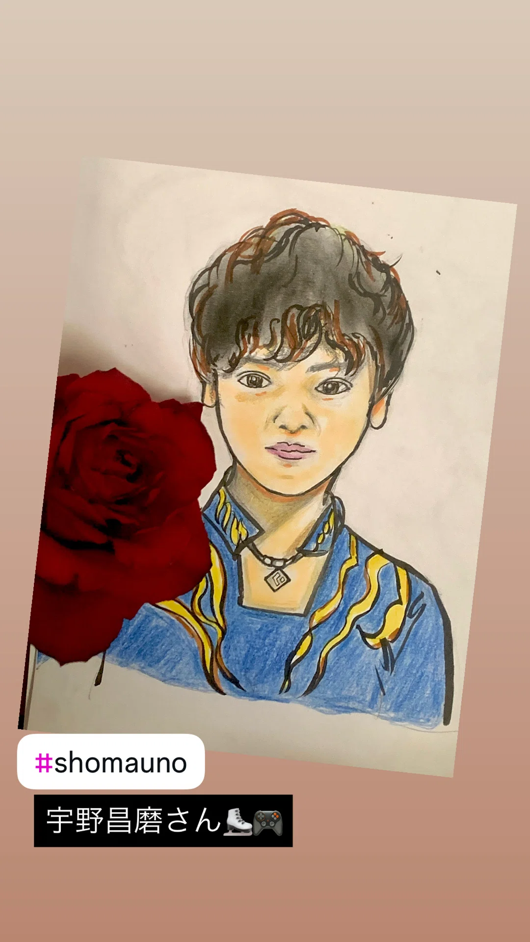 似顔絵オーダーやってます😃😍宇野昌磨さんと薔薇を添えて
