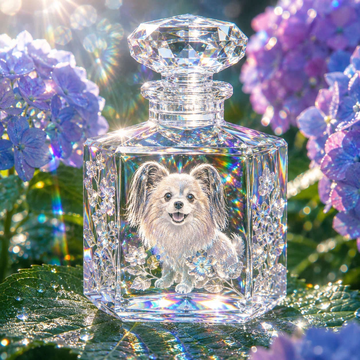 紫陽花畑の中の香水瓶｜シナモン