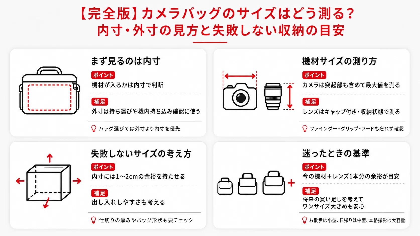 完全版】カメラバッグのサイズはどう測る？内寸・外寸の見方と失敗 
