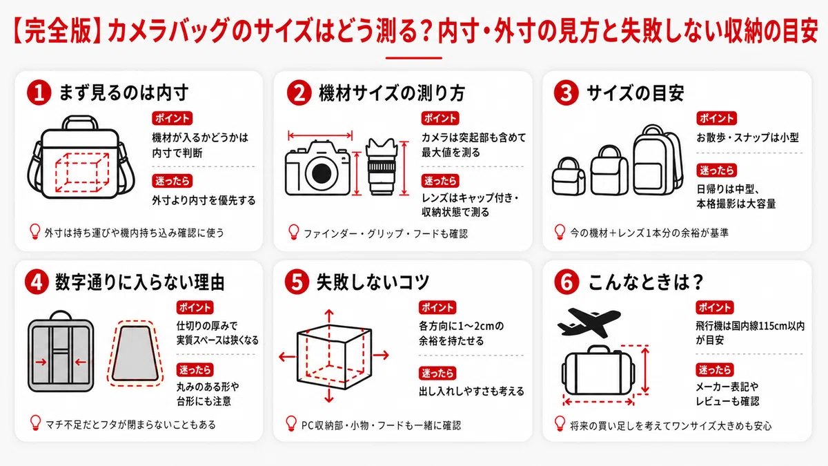 完全版】カメラバッグのサイズはどう測る？内寸・外寸の見方と失敗 