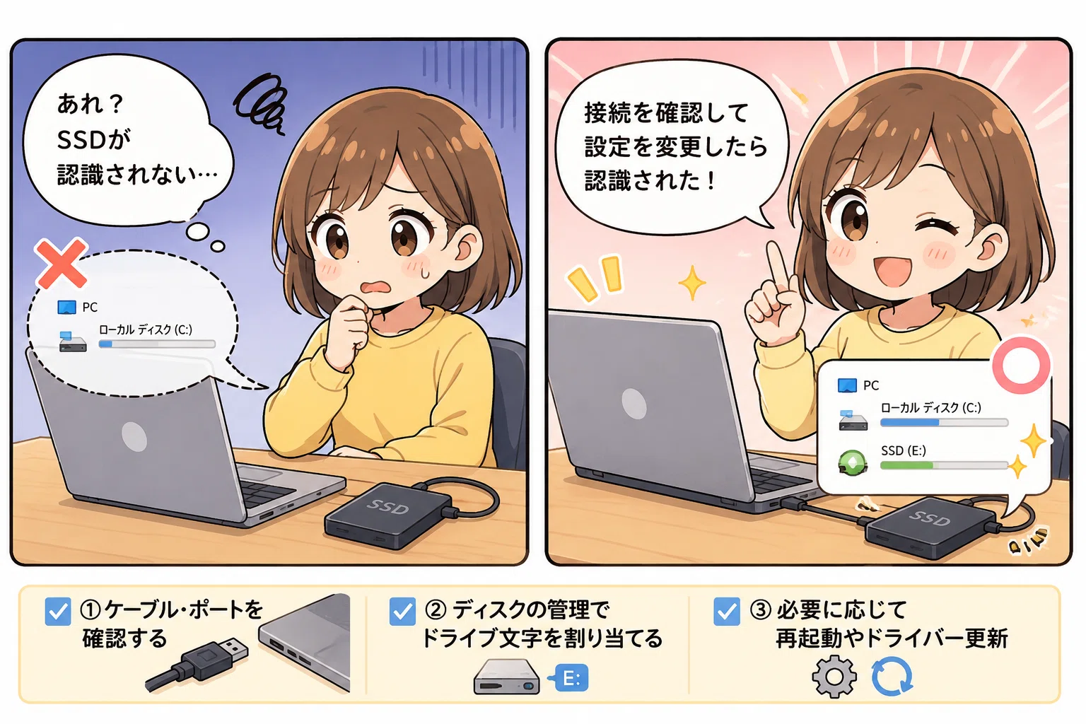 外付けSSDが認識されない？今すぐ試せる接続確認とシステム設定の手順