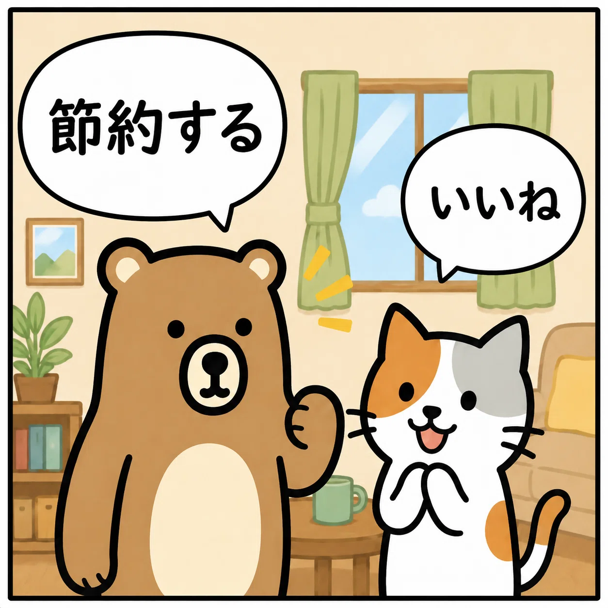くまとねこ 節約するつもりだったのに｜くまくんとねこくんの4コマ漫画｜ツキモト