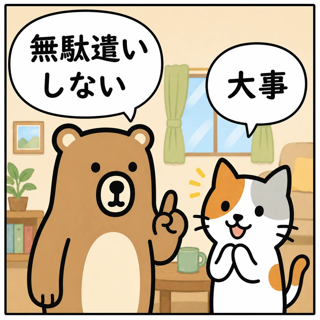 くまとねこ 節約するつもりだったのに｜くまくんとねこくんの4コマ漫画｜ツキモト