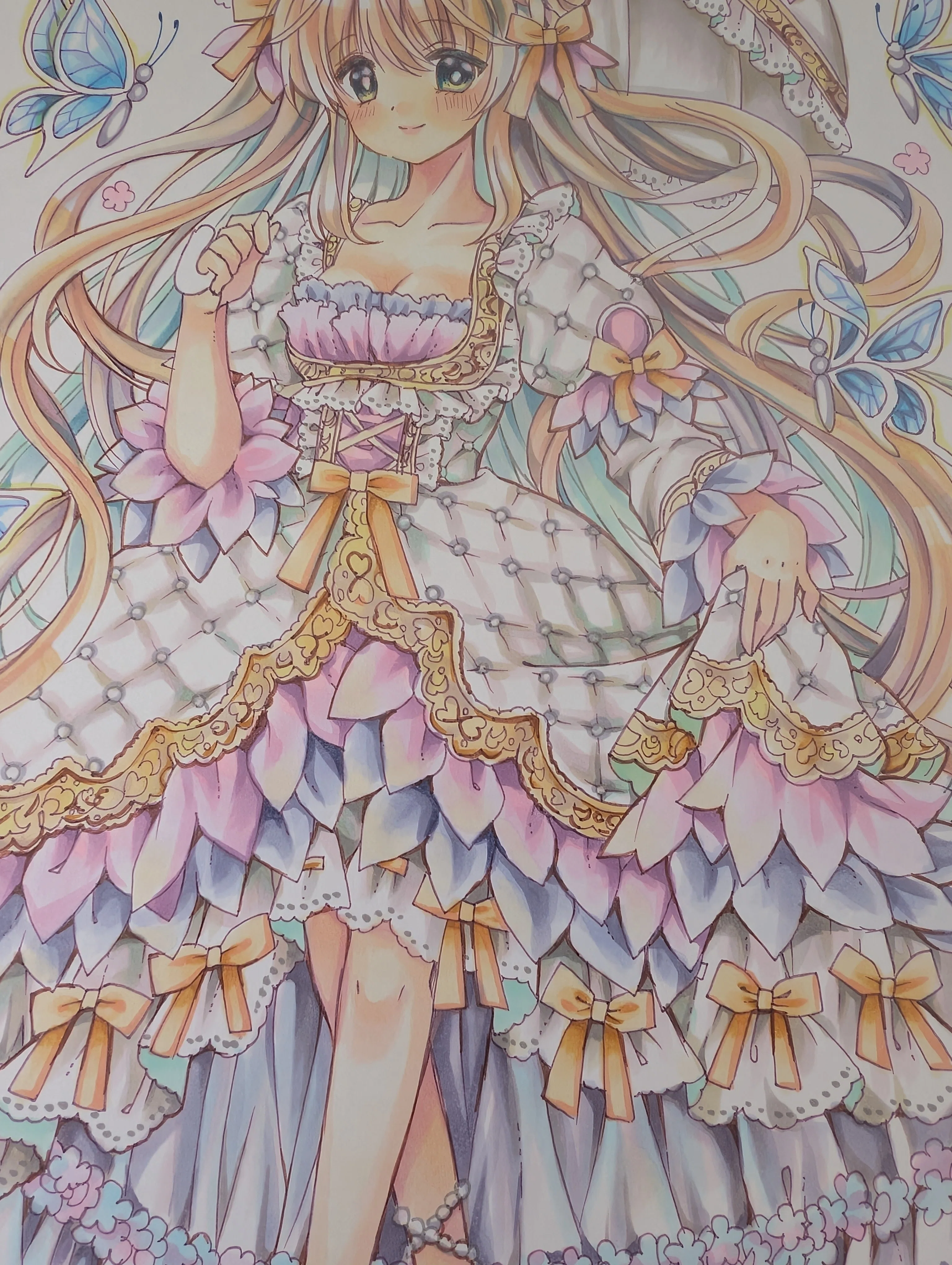 原画販売】コピック原画「紫陽花のドレスと青い蝶のワルツ。」が完成