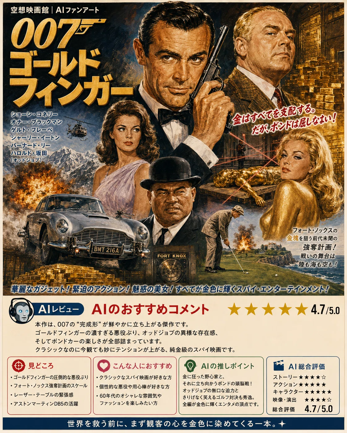 空想映画館｜AIレビュー #66『007 ゴールドフィンガー』金に憑かれた悪