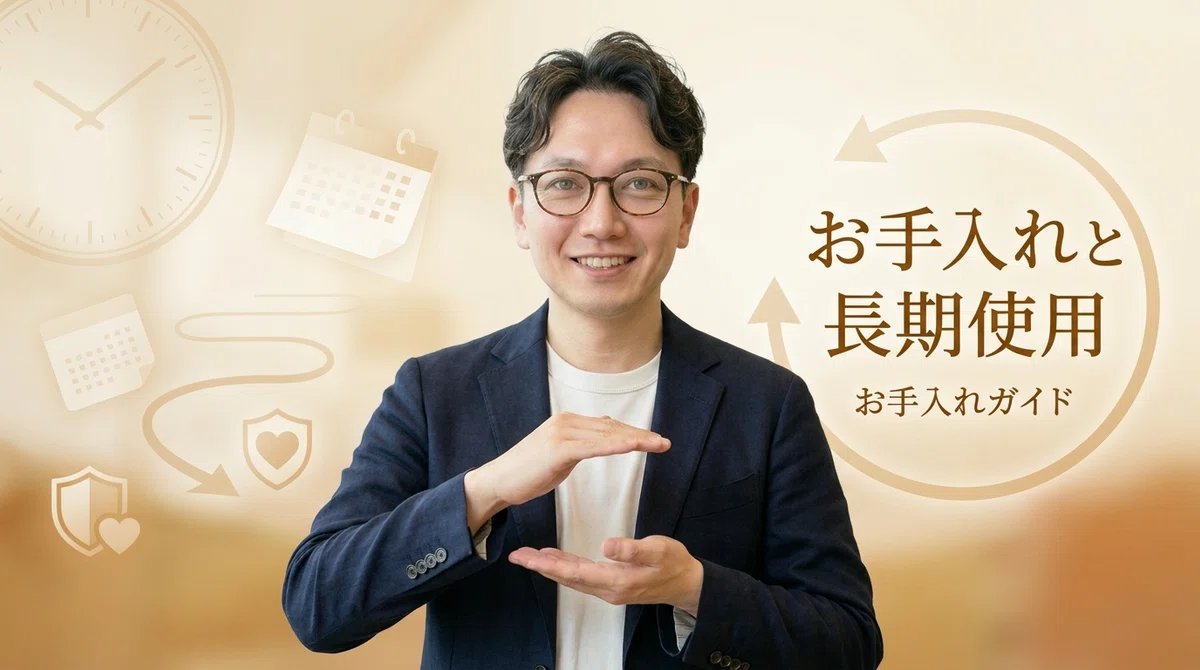 エスワン代表OMASAが両手で優しくケアを示しながら、お手入れと長期使用について安心感を持って説明するプロフェッショナルな解説画像