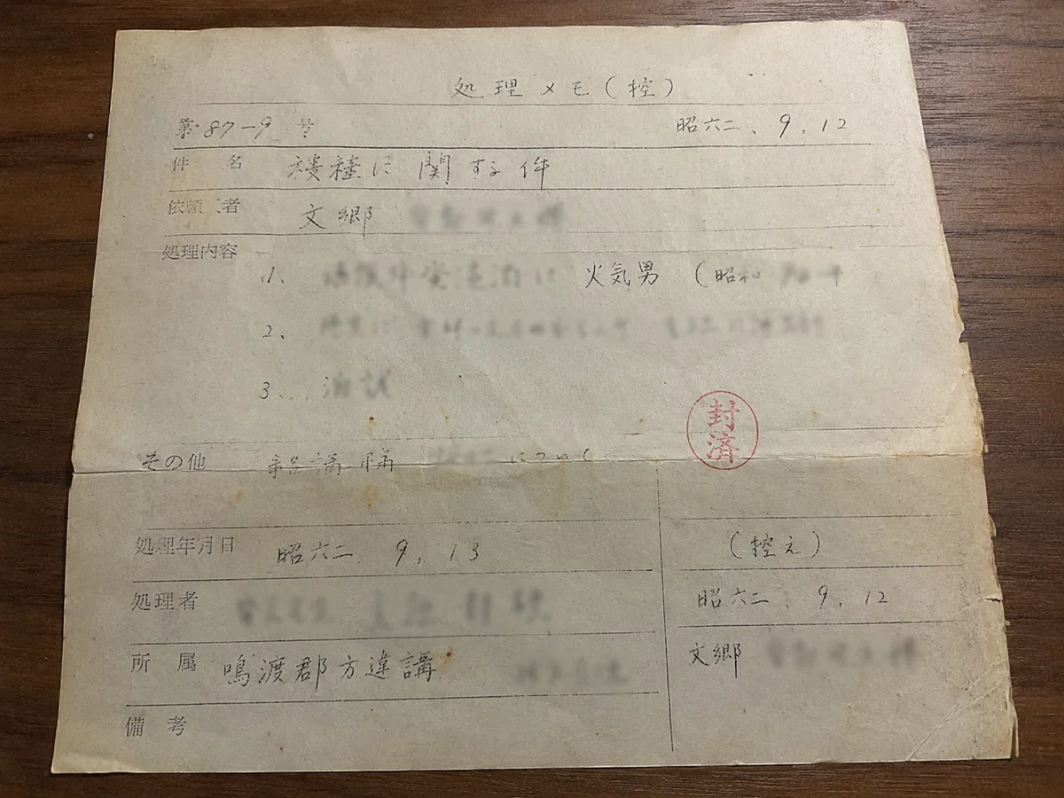 黄ばんだ古い処理控え用紙を机上で撮影した資料写真。罫線入りの紙に手書き文字が残っており、全体はかすれて判読しづらいが、一部に「文郷」「火気男」「昭六二」に見える文字がある。右寄りには朱色の小さな印で「封済」と押されており、昭和後期の民間講の実務記録のように見える。
