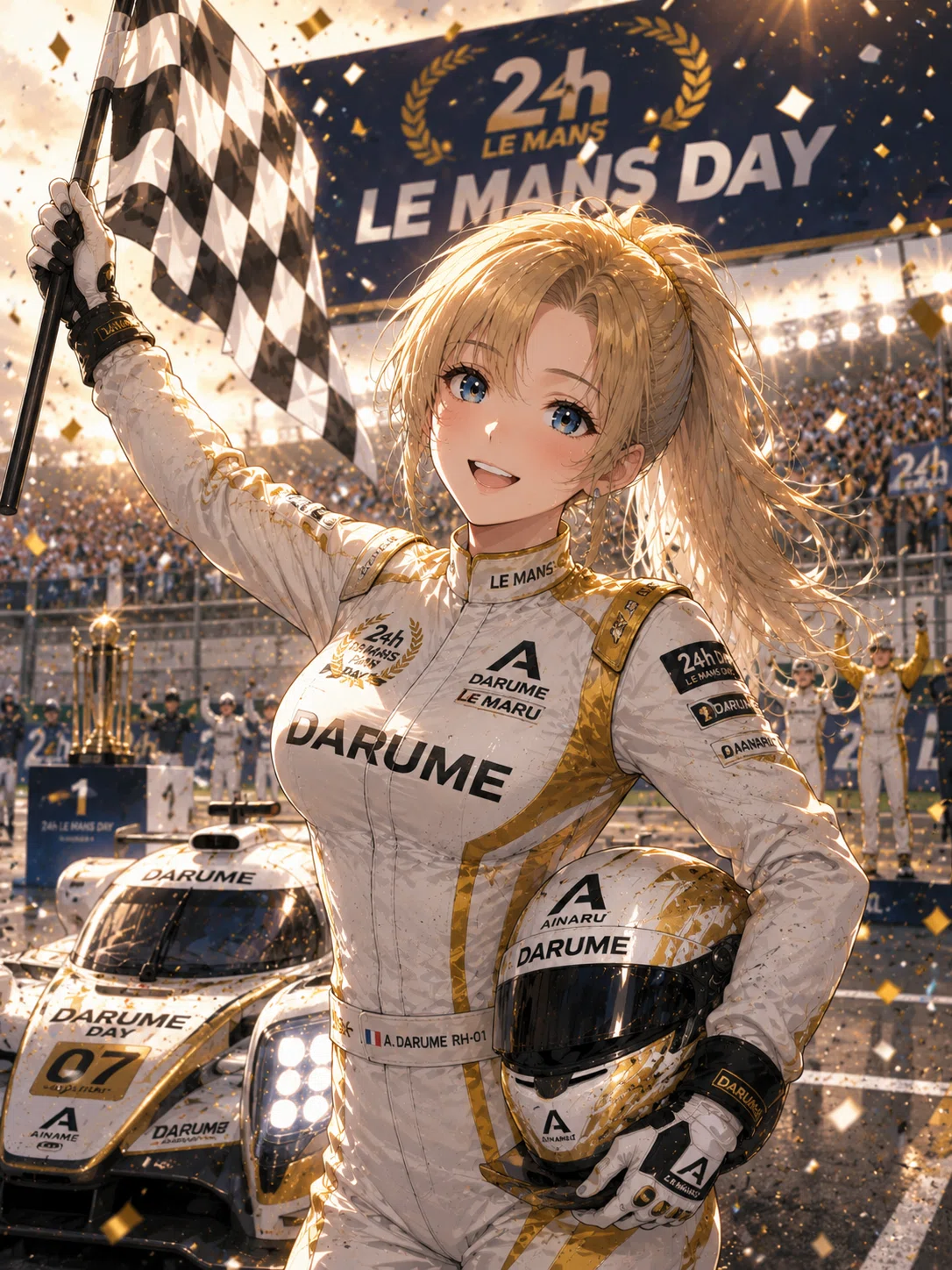 チェッカーフラッグを掲げる金髪ル・マン美女