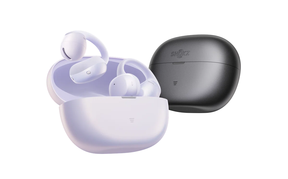 Shokz OpenDots Air パープルのイヤーカフ型オープンイヤーイヤホンと充電ケース