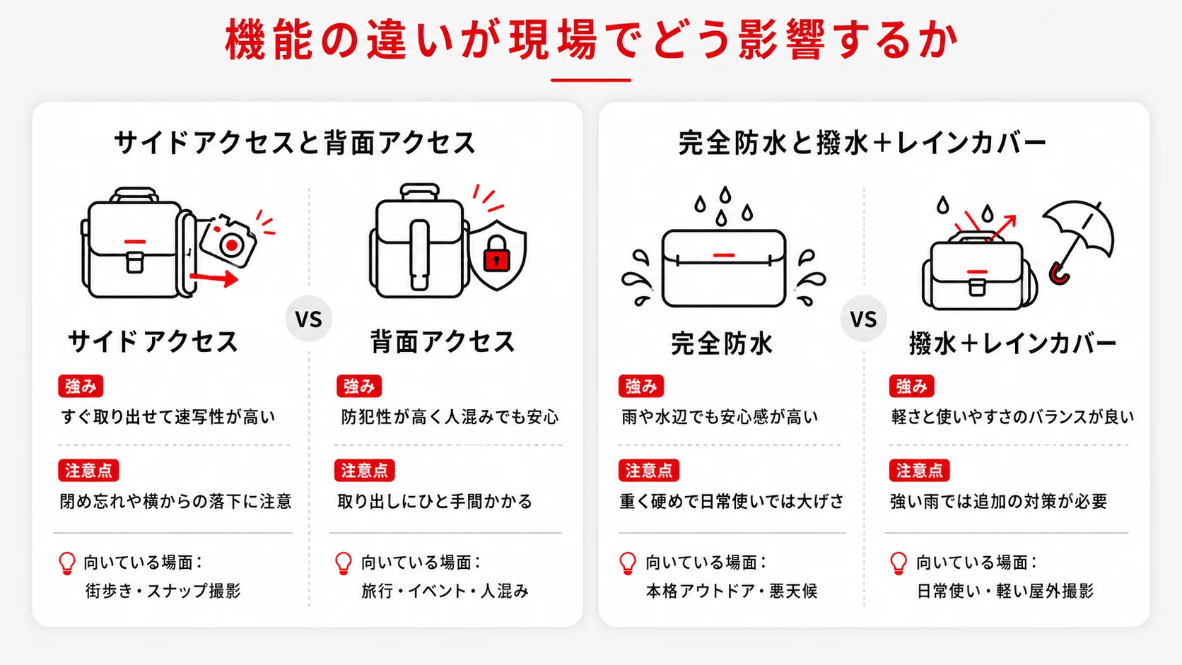カメラバッグに必要な機能とは？防水・防犯・アクセスの優先順位を徹底 