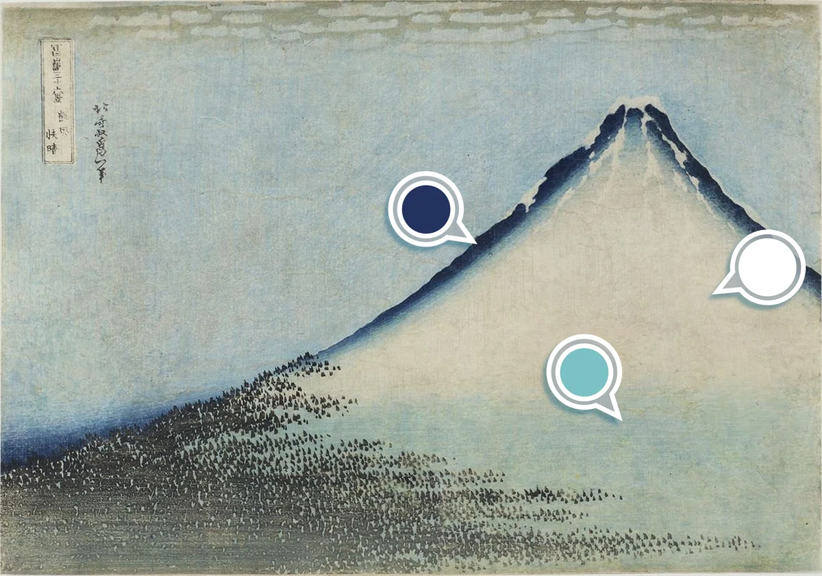 丸山甲子夫（作）宝劍岳F8日本画 山景色 約60cm x 54 cm 冨嶽三十六景」展出品作③ 葛飾北斎《凱風快晴（青富士）》天保元年～4
