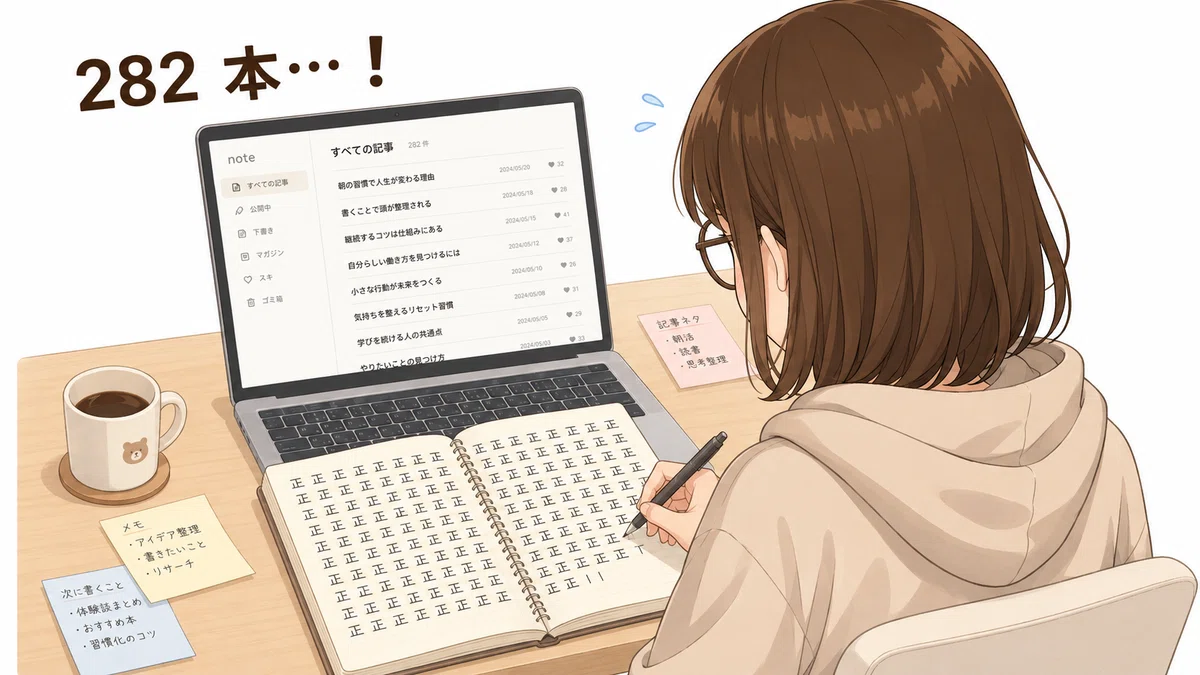 282 本の記事を正の字で 1 本ずつ手で数える余白ちゃん