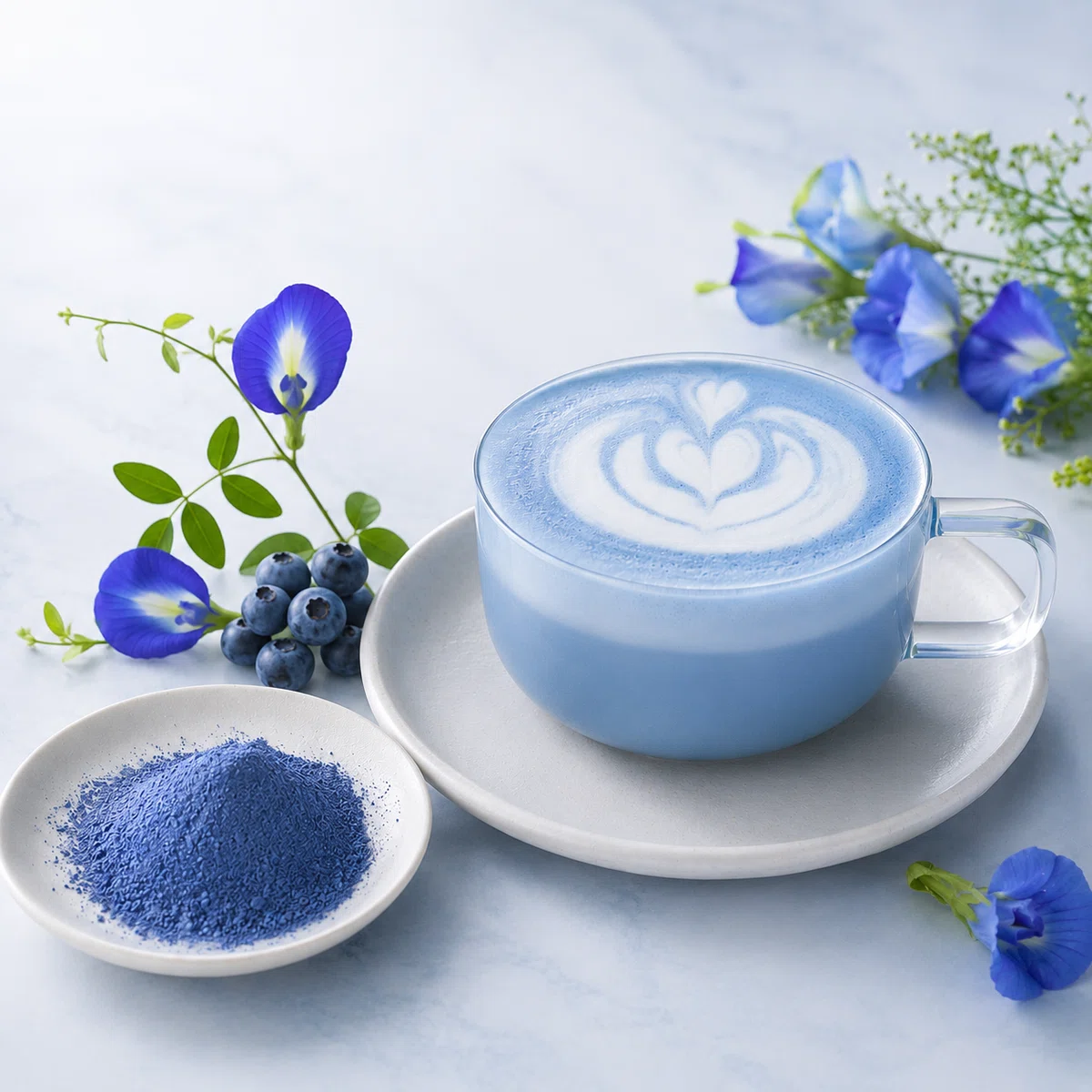 Blue Matcha latte with butterfly pea flowers, blueberries, and blue botanicals, representing a caffeine-free botanical matcha ritual.