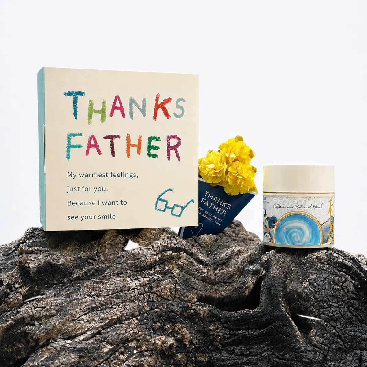 WACHA Father’s Day Blue Matcha gift set with a THANKS FATHER gift box, yellow flower card, and Blue Matcha tin.