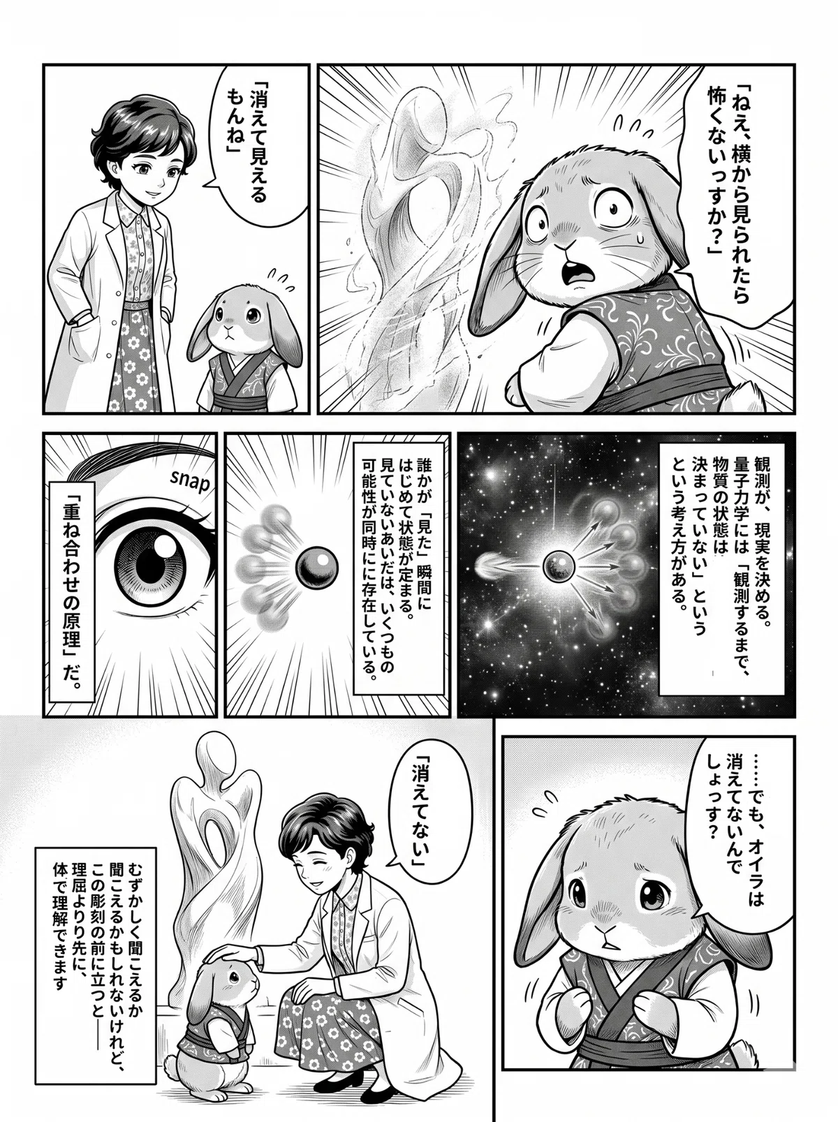 量子力学の「重ね合わせの原理」の抽象的なイメージと、自分の前足を見つめて自分も消えてしまわないか不安がるはしぞうの頭を、幸来子がしゃがんで優しく撫でる漫画2ページ目
