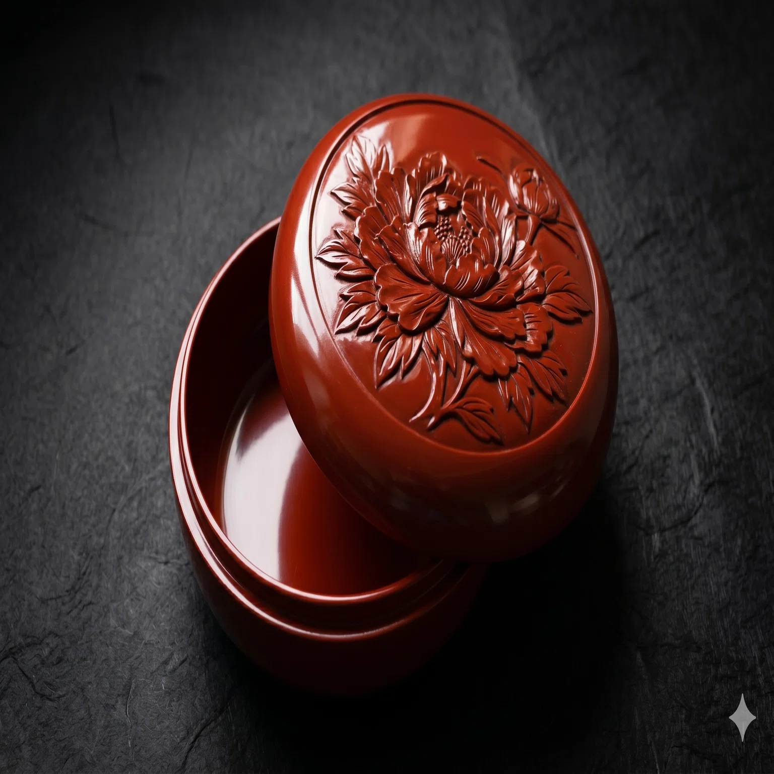未使用 村上堆朱 菓子器 牌丹彫刻 木箱入り 伝統工芸 漆器 新潟・村上】村上木彫堆朱 菓子器 蓋付 牡丹図 — 江戸から続く、彫りと