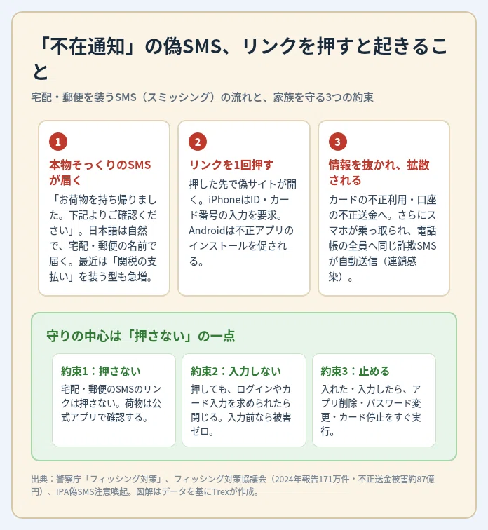 不在通知」のSMS、リンク押してない?｜本物にそっくり、家族を守る3