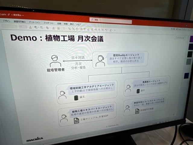 植物工場の月次会議のデモを記したスライド