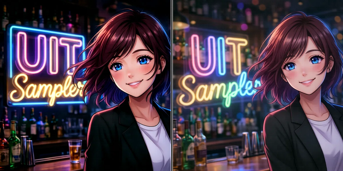 HiDream-O1-Image_clear_v1(左)とオリジナル(右)の比較。ネオンサインのバーで微笑む茶髪の女性のアニメイラスト。左の方がコントラストと色鮮やかさが高い