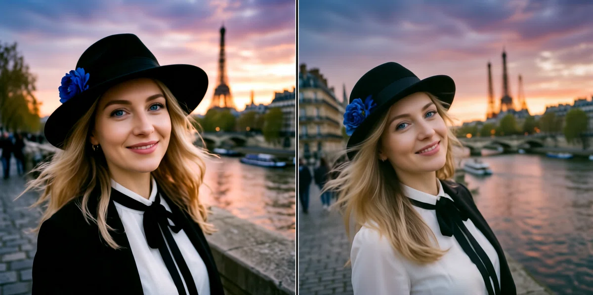 パリの夕暮れを背景にしたフォトリアル調の黒い帽子の女性のイラストの比較。左がHiDream-O1-Image_clear_v1、右がオリジナル