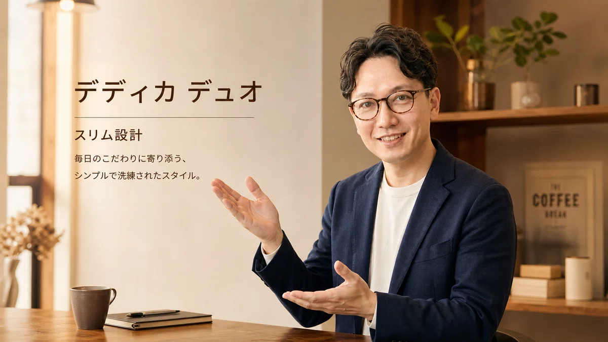 エスワン代表OMASAとデロンギ デディカ デュオの製品概要解説イメージ