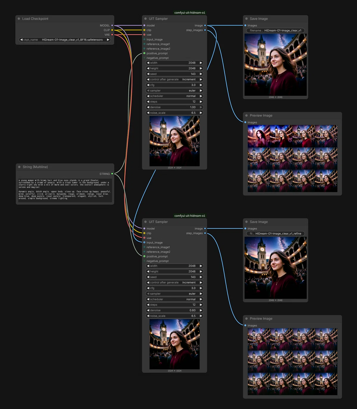 HiDream-O1-Image_clear_v1 モデルを Refiner として利用してディティールを上げる ComfyUI ワークフロー