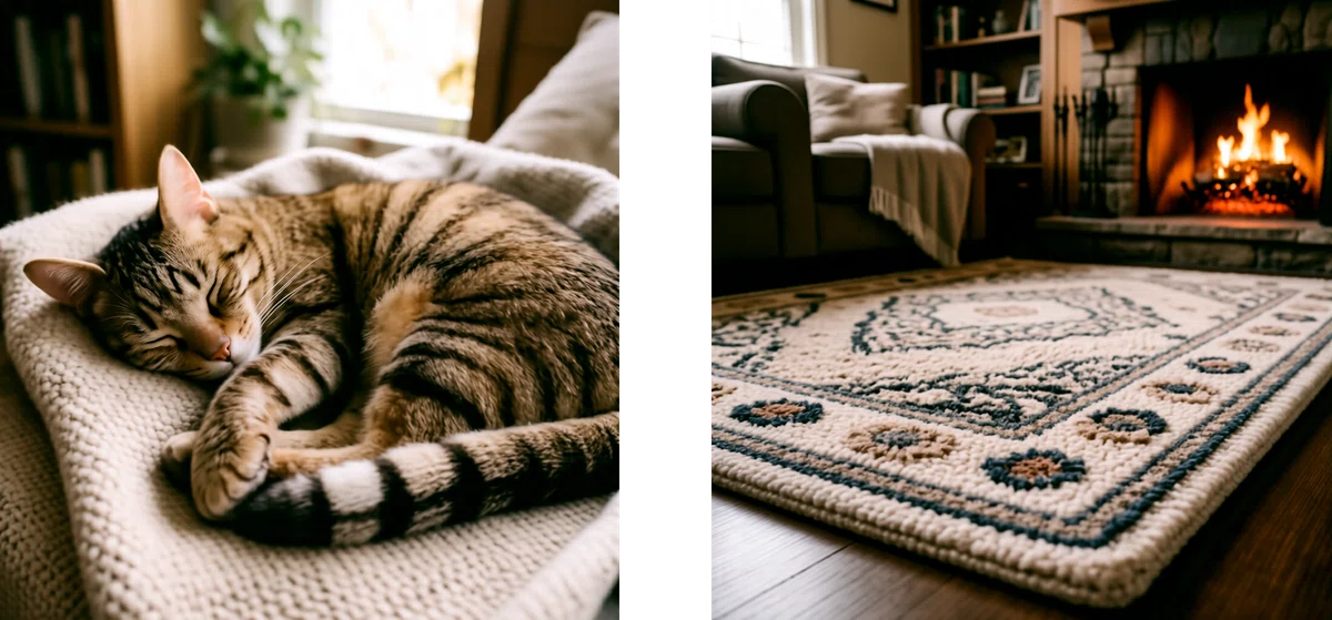 左:毛布の上で丸くなって寝ている猫の実写風のイラスト 右:暖炉と絨毯のある居間の実写風のイラスト