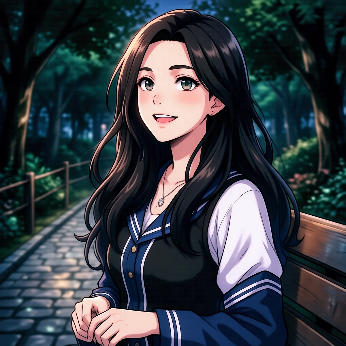 黒髪長髪の大人の雰囲気の女性の屋外のアニメイラスト