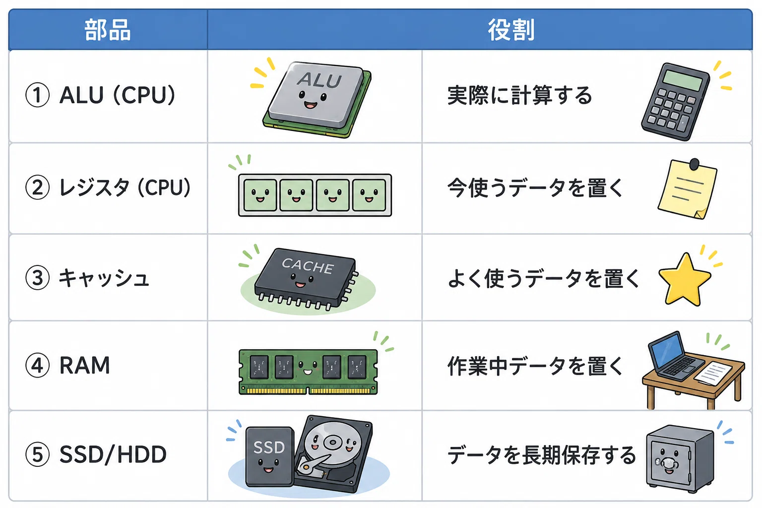 CPUとメモリの違い」がずっと曖昧だったので、コンピュータ内部を1枚に