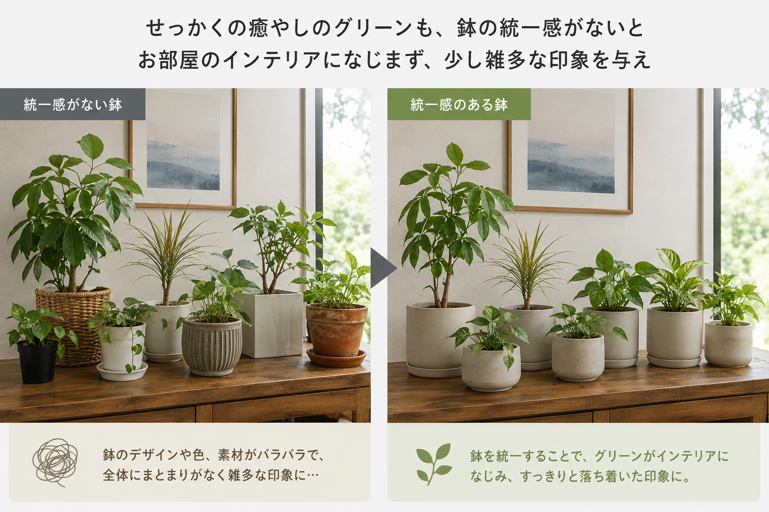 観葉植物の鉢の種類がバラバラで部屋に配置すると統一感がでない 
