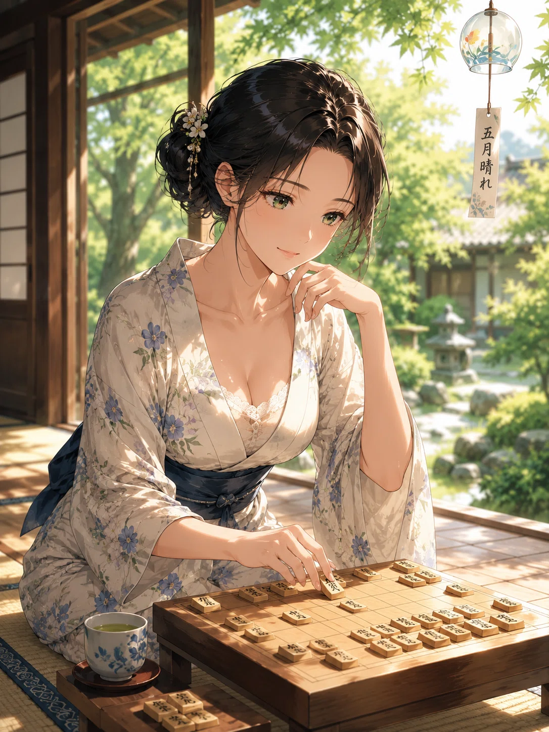 五月晴れの縁側で将棋盤に向き合う黒髪美女