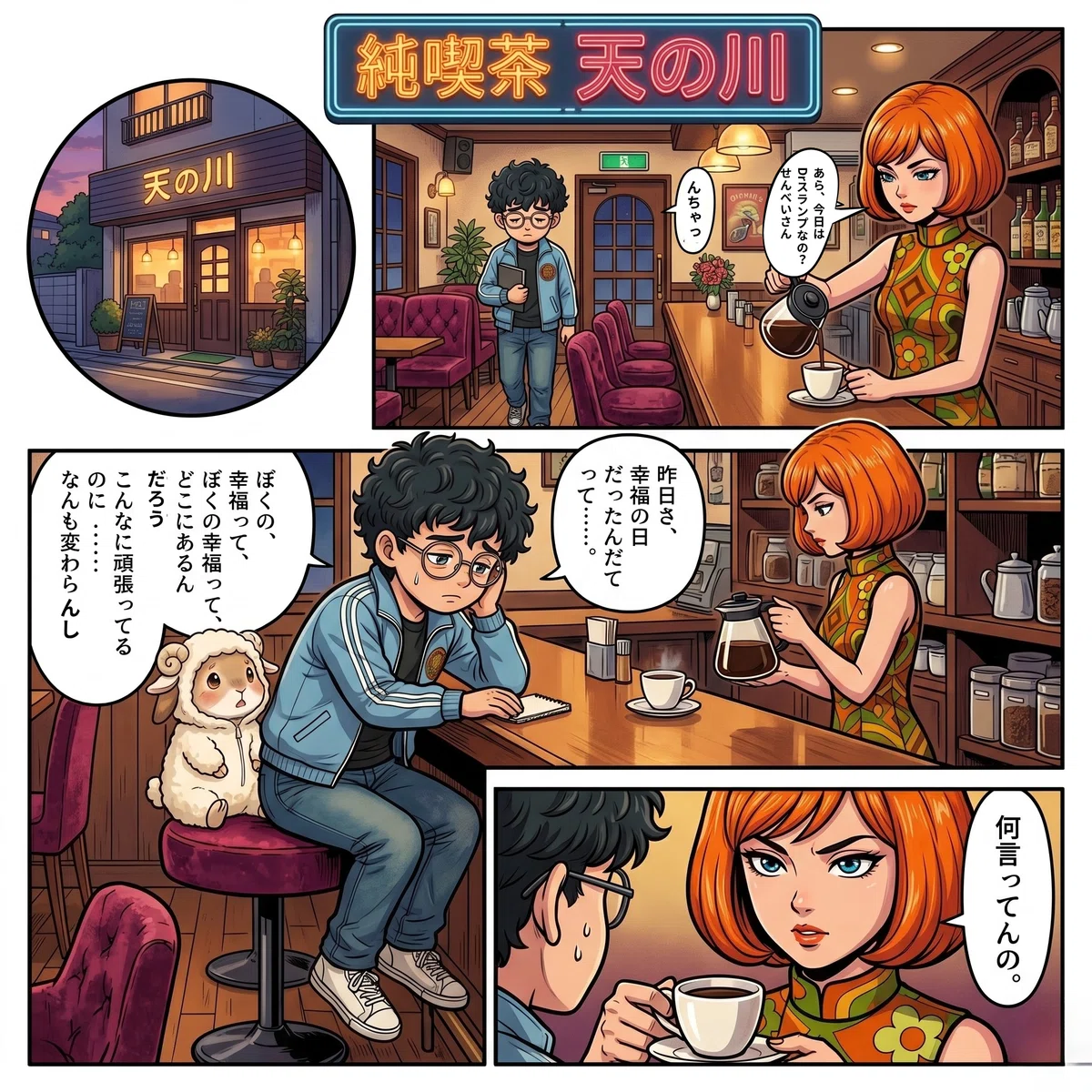 漫画「純喫茶 天の川・つづき」:五十鈴がオバチャンに「あんた、幸積み始めてどのくらい?」と問いかける。「3ヶ月くらいっす」と答えるオバチャンに、五十鈴「それ、不足感から書いてない?『こんなに感謝してるのに、なんで変わらないんだろう』って思いながら、書いてない?」。オバチャン「…………あ。」