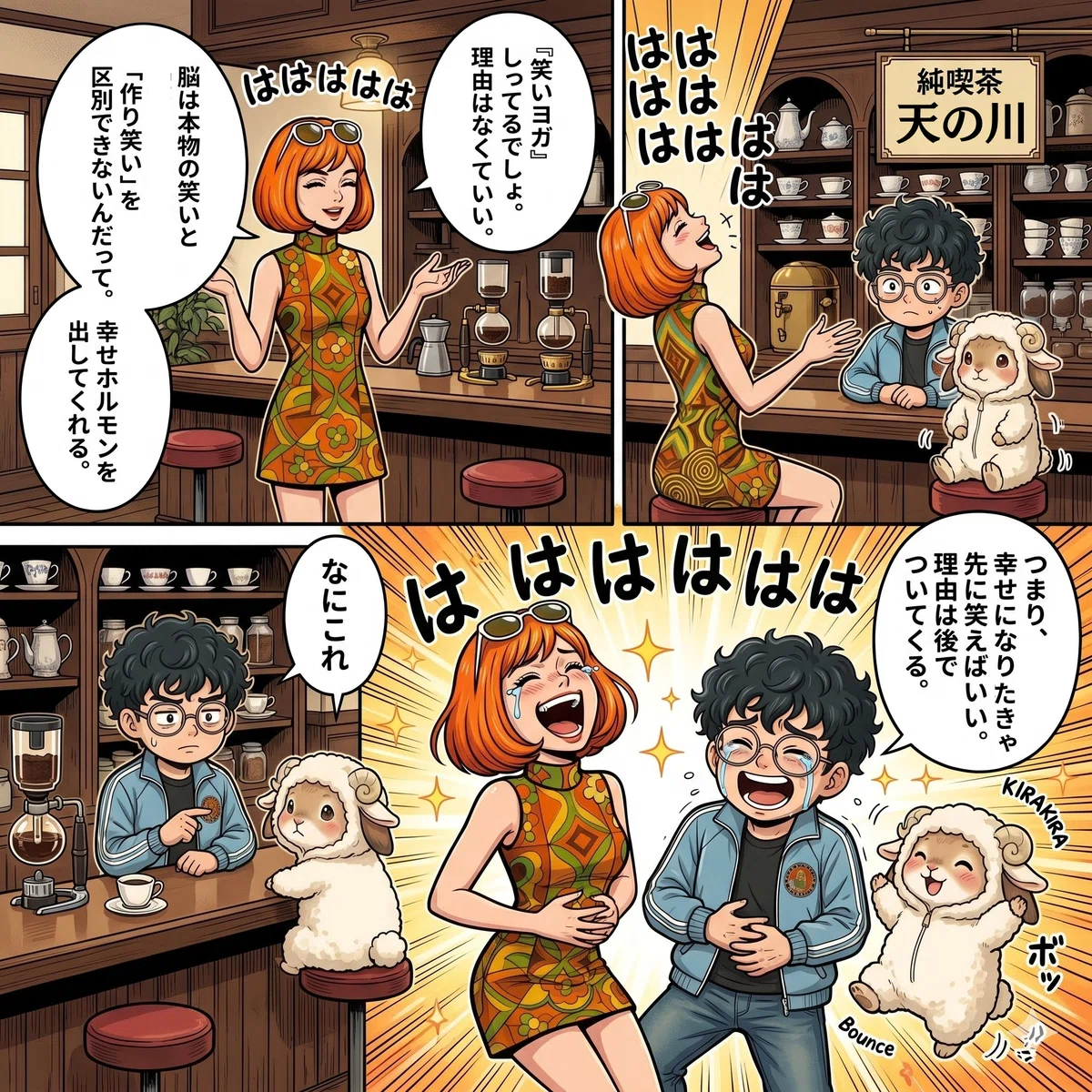 漫画「笑いヨガ」:五十鈴が語りかける。「笑いヨガって、聞いたことある?笑う理由なんてなくていい。とにかく声に出して笑う。『ははははは』って。」脳は本物の笑いと作り笑いを区別できないから、先に笑えば幸せホルモンが出る。「幸せになりたいなら、先に笑えばいい。理由は後でついてくる。」