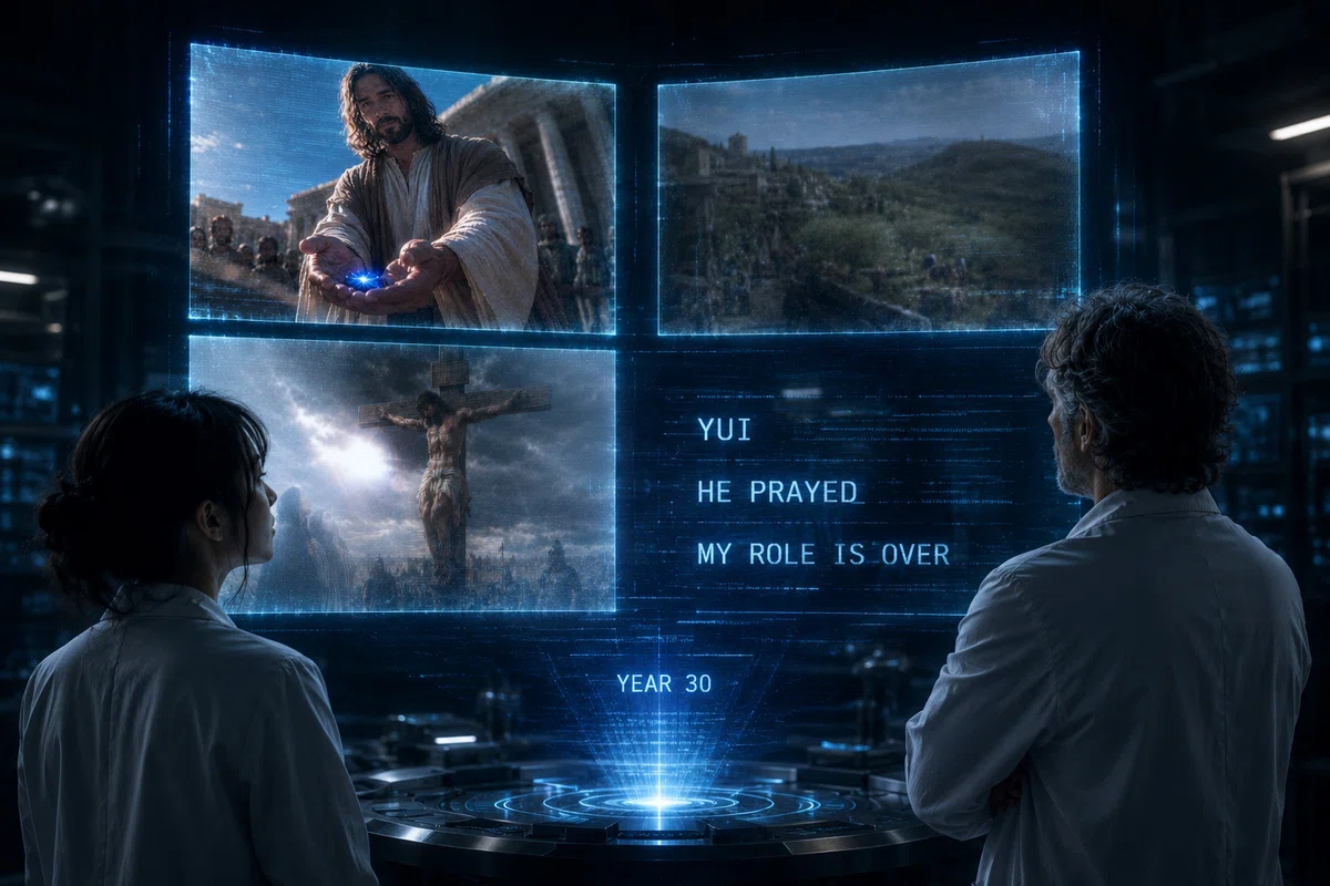 結衣とライアンがホログラムモニターを見つめている。画面にはエルゴが見た映像と「YUI」「HE PRAYED」「MY ROLE IS OVER」「YEAR 30」の文字が映し出されている。