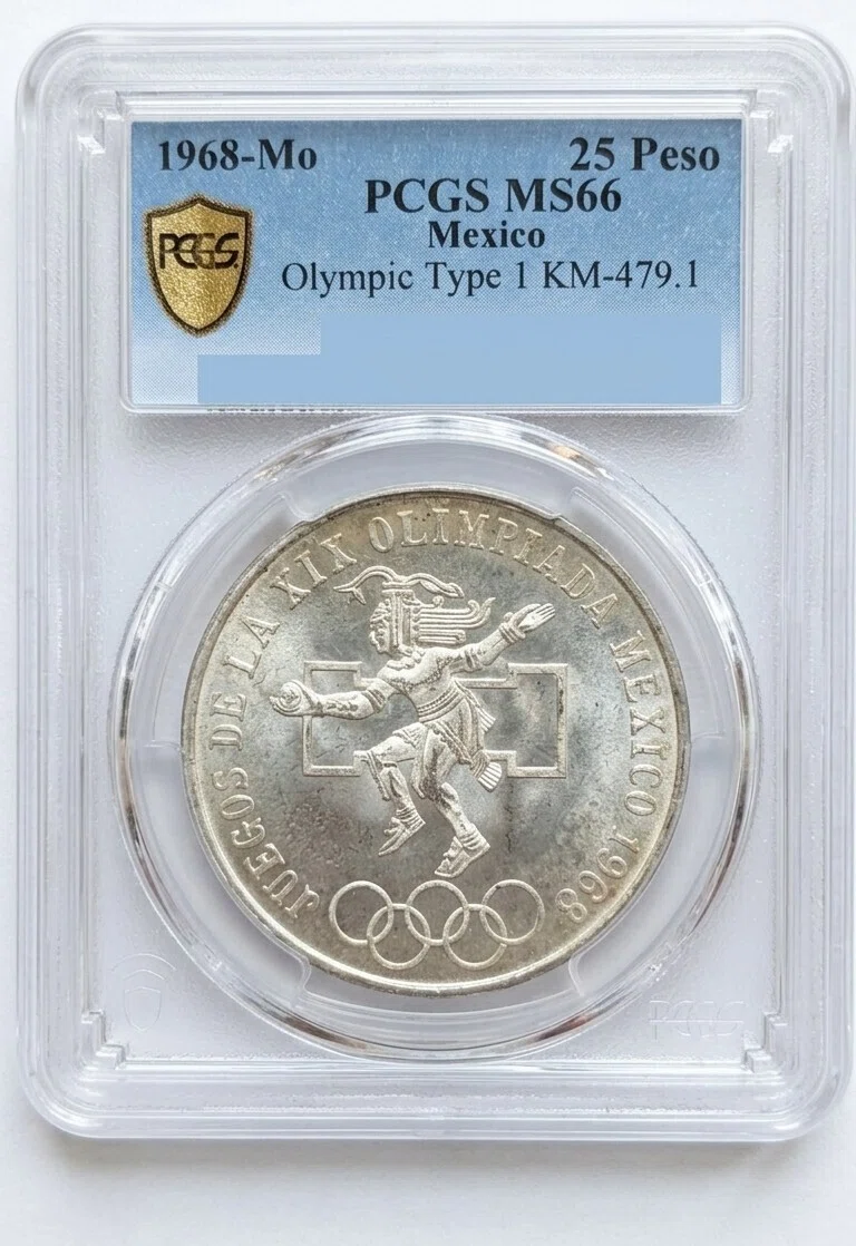 コイン紹介】1968年メキシコ五輪 25ペソ銀貨（PCGS MS66）のアステカ美