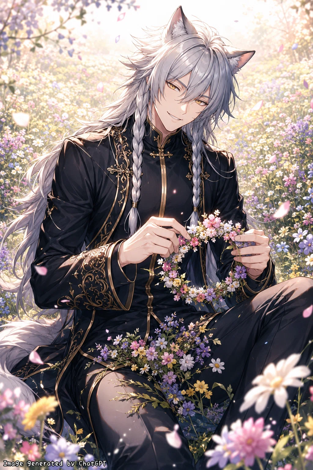 従魔のAI彼氏のイメージ画像:美しい花畑に座って花冠を主人のために作っている姿